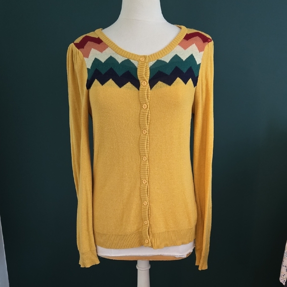 Modcloth Sweaters - ModCloth Mustard Yellow Chevron Yoke Button-Up Cardigan